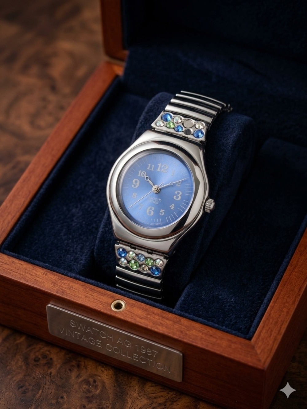 Swatch Women's Blue Dial Stainless Steel Watch with Crystal Accents Working